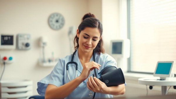 Elderly support services in Muskegon: health professional taking blood pressure.