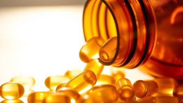 Golden gel capsules for autism treatment supplements with sunlight.