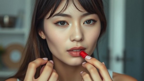 Young woman applying lipstick with a focused expression.