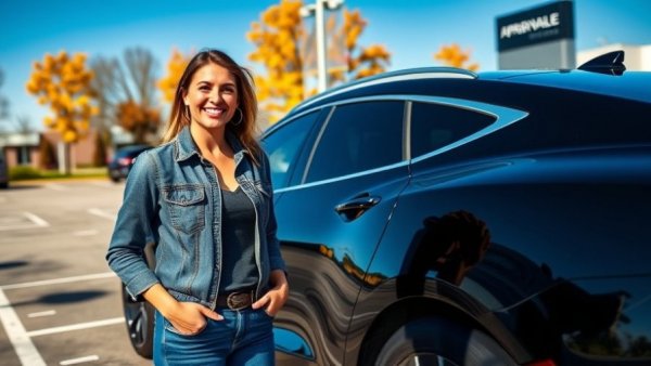 Woman smiling by a certified pre-owned car at Muskegon dealership, sunny day.