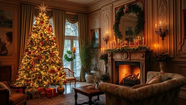 Vintage living room with decorated Christmas tree by marble fireplace, soft light, elegant decor for Christmas tree pruning tips.
