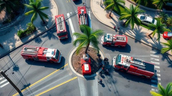 Emergency response to tree trimming safety hazards at city intersection.