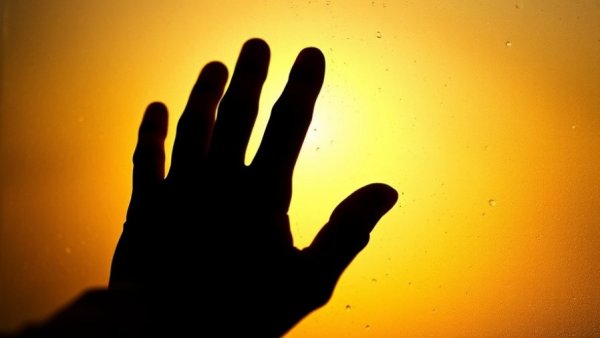 Silhouette of hand on foggy glass with warm glow.