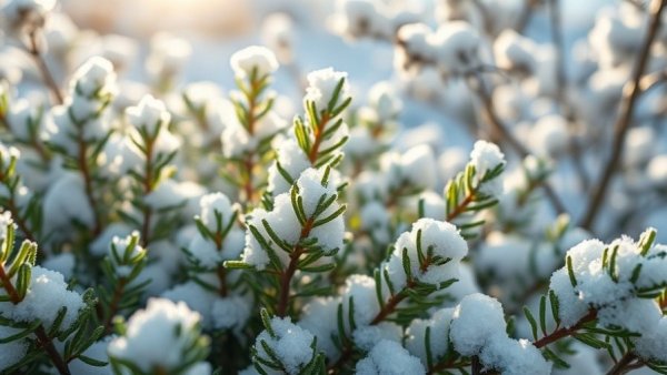 Snow-covered plants in winter garden, beginner winter gardening tips.