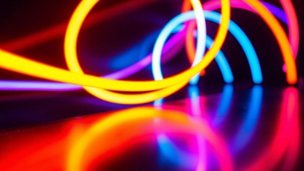 Neon light trails on sleek surface symbolizing modern technology.