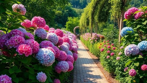 Colorful hydrangeas lining a garden path with lush greenery.