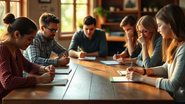 Casual meeting at wooden table with natural light.