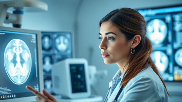 Medical professional analyzing scan in lab, bright setting.