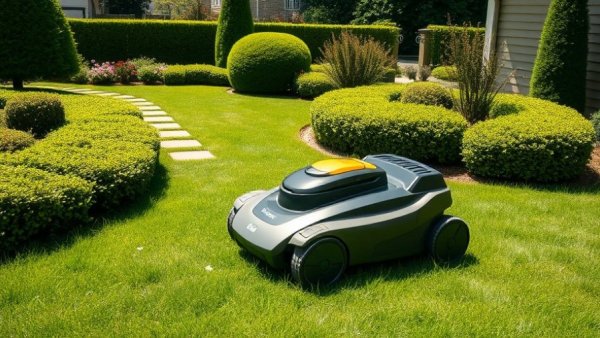 Autonomous commercial mower in action in a suburban garden
