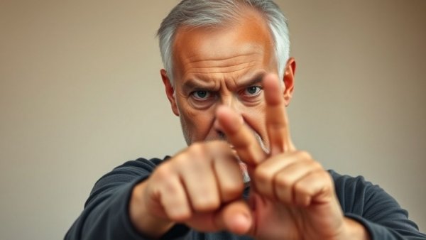 Focused older man practicing martial arts with extended hand.