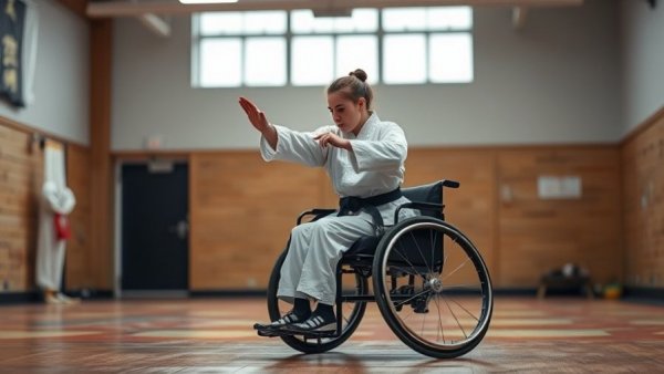 Martial artist in wheelchair practicing kata at karate class in Gurnee.