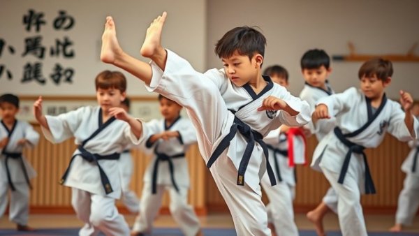 Children practicing martial arts kicks in a Gurnee dojo.