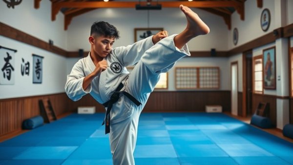 Martial arts class in Gurnee showcasing a young practitioner mid-kick.