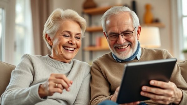 Elderly couple happily using a tablet indoors, Social Security Raise Seniors Muskegon.