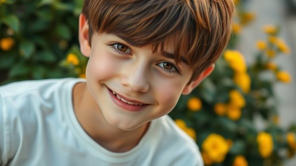 Portrait of a young person in a sunny setting, smiling gently.