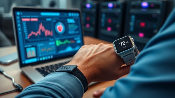 Fog computing in remote patient care setup with smart watch, laptop.