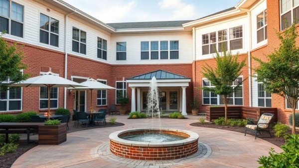 Modern retirement housing complex with seating and greenery in Muskegon.
