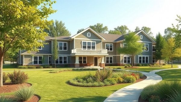 Modern senior living community in Muskegon with lush greenery.