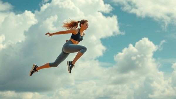 Dynamic jumping exercise by a young woman against a cloudy sky.