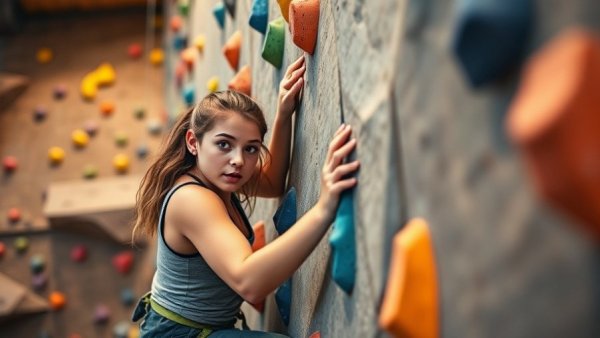 Young woman climbing in a lively indoor gym, vibrant colors.