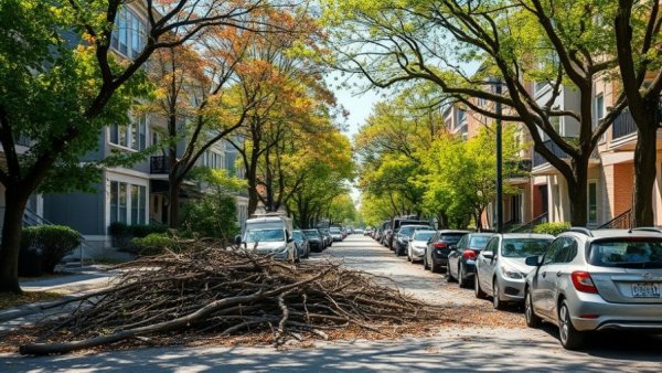 Urban street in Delhi with pruned trees affecting air quality, branches scattered.