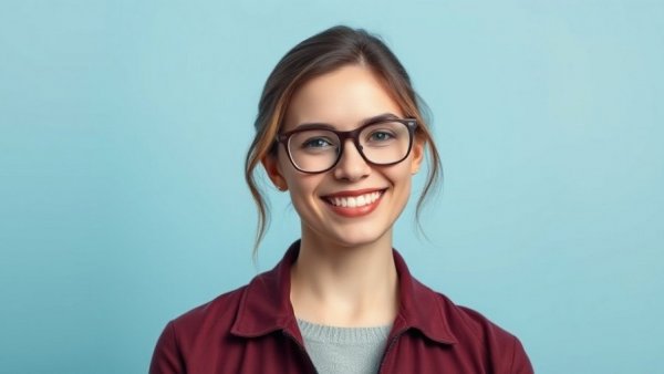 Smiling woman with glasses, maroon jacket, blue background