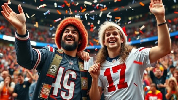 Colorful sports celebration with fans and confetti in stadium.