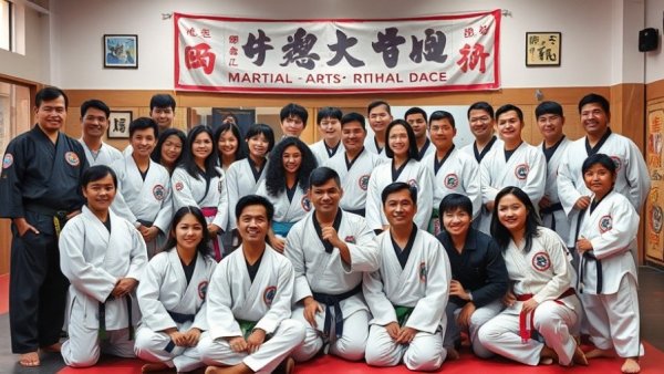 Diverse group celebrates martial arts cultural exchange, posing together.