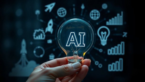 Innovation concept with AI light bulb and tech icons.