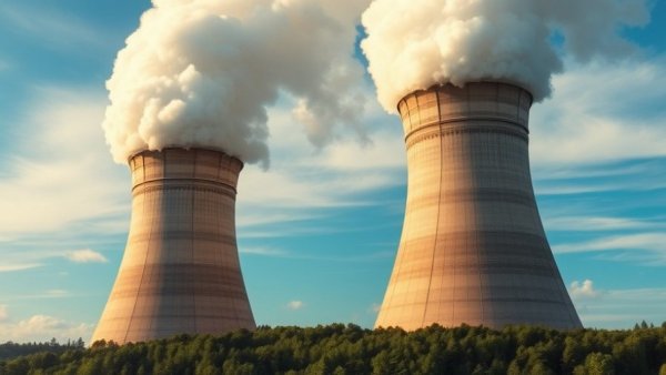 Cooling towers and steam emissions with forest backdrop, energy sector scene.
