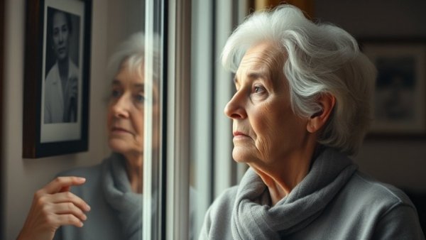 Senior woman with glasses quietly looking out a bright window.