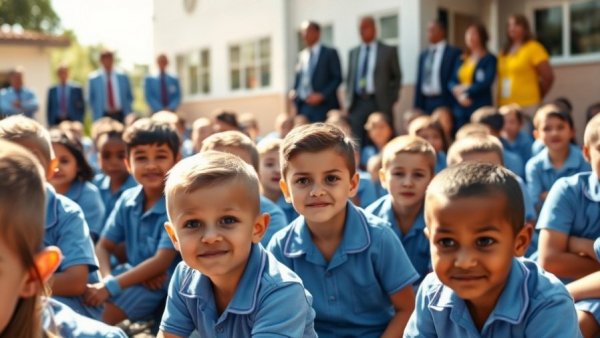 Students at outdoor cyber safety presentation in school, bright day.