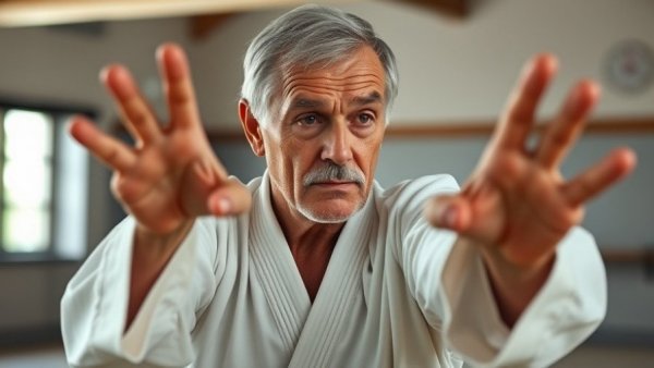 Elderly man practicing Okinawan karate, focused expression.
