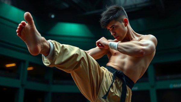 Martial artist performs a high kick in Egypt karate championship 2025 arena.