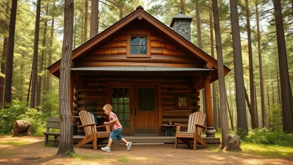 Young boy enjoying time near rustic cabin in Michigan forest.