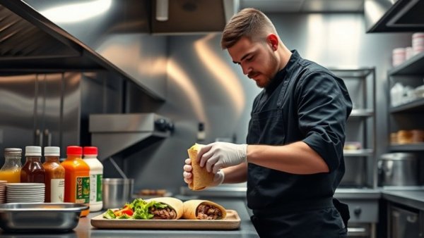 Chef assembles wrap in modern kitchen, California Crunchwrap Taco Bell.