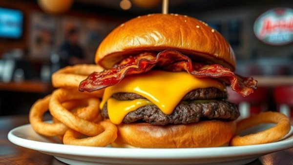 Delicious burger and onion rings at Michigan lunch spots.