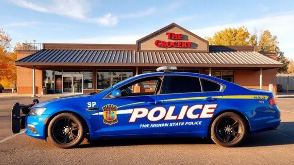 Blue Michigan State Police car at marketplace; Stuff a Blue Goose Michigan.