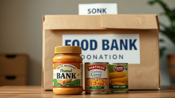 Food donations at ITC Michigan food bank, showcasing peanut butter and canned corn.