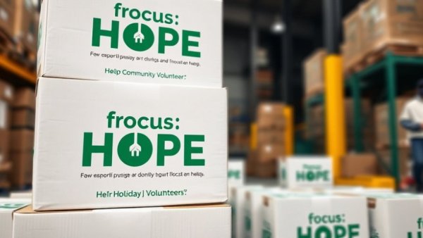 Focus HOPE holiday boxes in Detroit, highlighting volunteer opportunities for seniors.