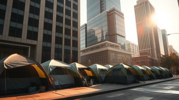 Tents on city sidewalk with corporate buildings, Corporate America addressing homelessness.