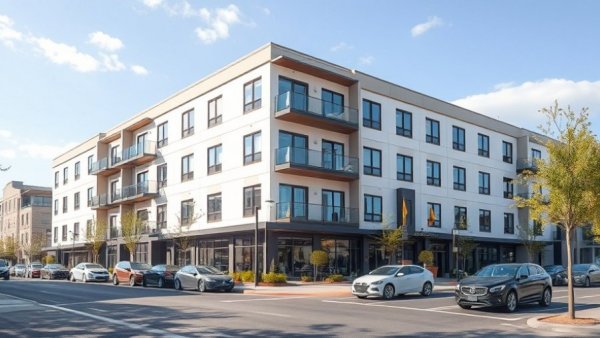 Exterior view of modern senior housing facility in daylight.