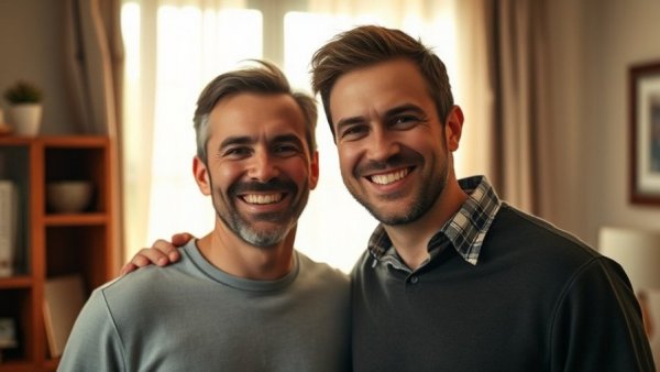 Heartwarming photo of two men smiling warmly in a sunlit room.