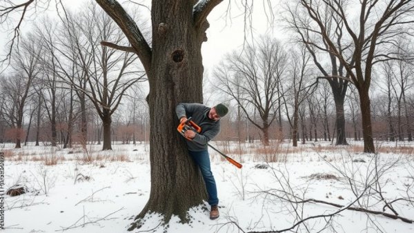 Pruning oak trees in winter to prevent oak wilt infection.