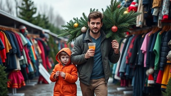 Man carrying Christmas tree at outdoor lot with child; holiday market setting.