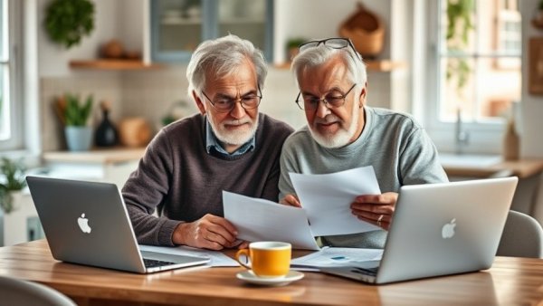 Older couple reviewing documents for Social Security application in Muskegon.