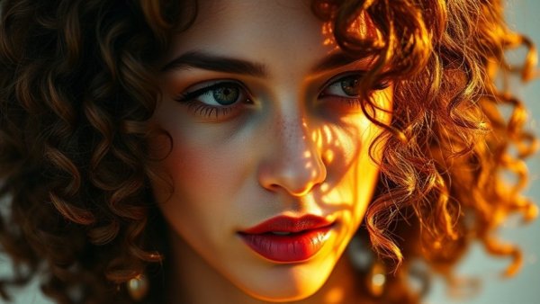 Artistic portrait of woman under warm light, conveying introspection.