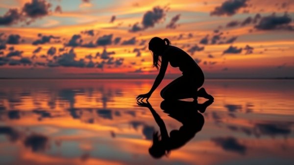 Silhouette of a woman touching water reflection at sunset, introspective scene.