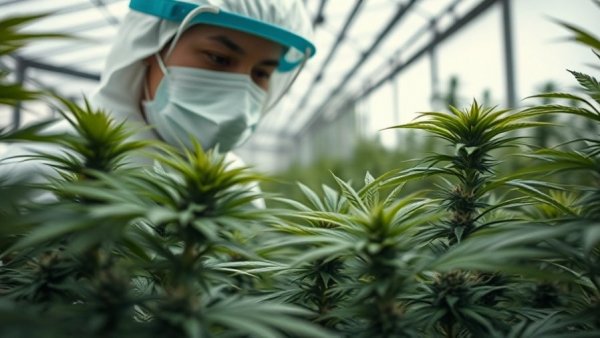 Person examining cannabis plants in a greenhouse, related to Tilray stock drop reasons.