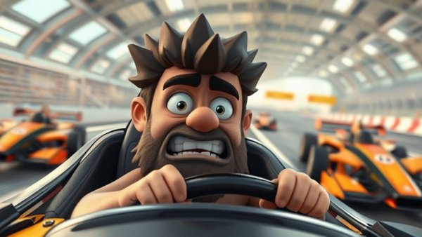 Exhausted Stone Age driver humorously racing modern cars, founder's mindset hangover.